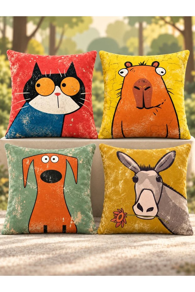 Funky Friends Digitally Printed Decorative Velvet Textured Polyester 4-Piece Cushion Cover Set (Dkr)