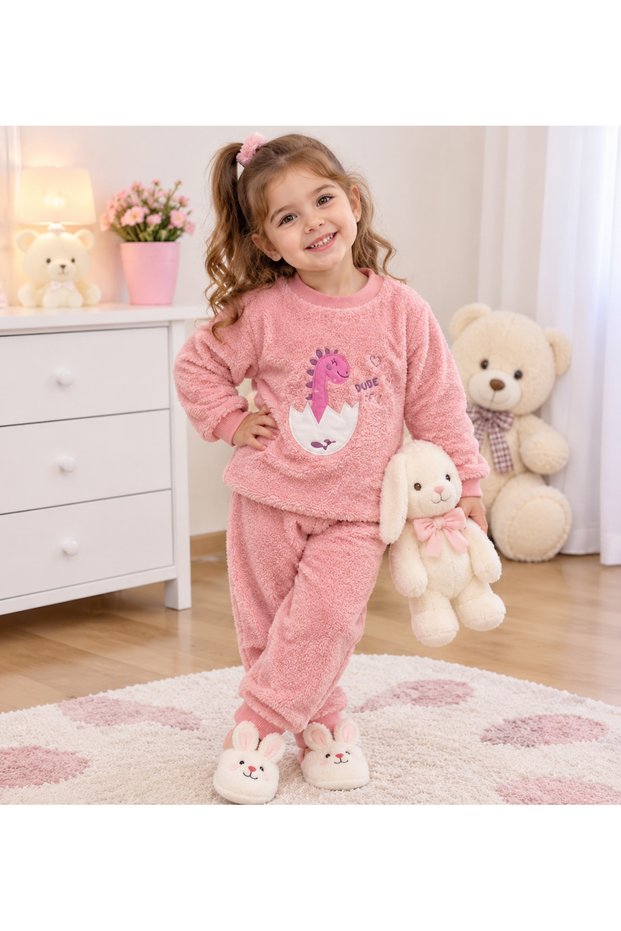 Girl's Dinosaur Figured Plush Top and Bottom Pajama Set