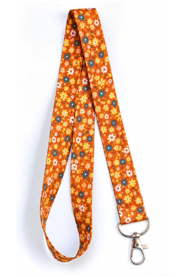 Orange Floral Patterned Card Neck Strap - Phone Strap - School, Hospital, Restaurant, Security, Sports (Can Be Combined with Caps in Our Store)