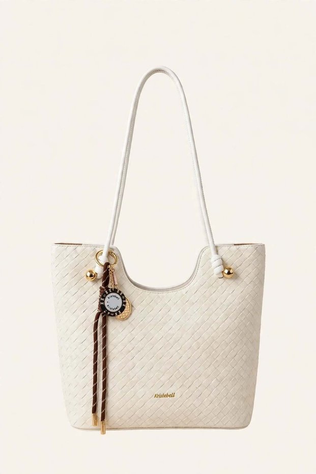 Women's Knitted Patterned Large Size Shoulder Bag with Gold Accessories and Charm Detail, White 7459