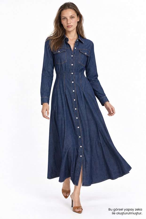 Long Sleeve Slim Fit Midi Denim Dress