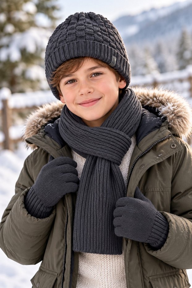 Ki̇tti̇ 26180-12 Men's 9-15 Years Old Scarf, Beanie, Gloves Set