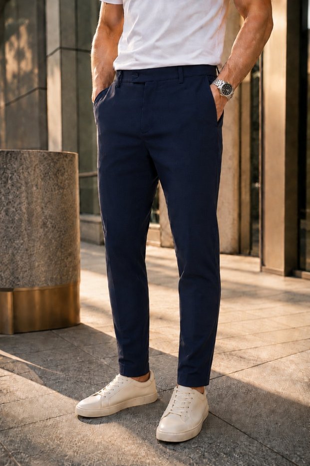 Men's Navy Blue Fabric Trousers Slim Fit Lycra Ankle Length Narrow Leg Side Pocket