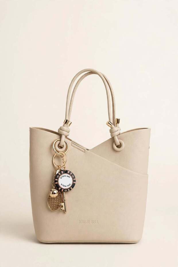 Women's Leather-Look Stylish Hand and Shoulder Bag with Gold Charm Accessories and Knot Handle 7453