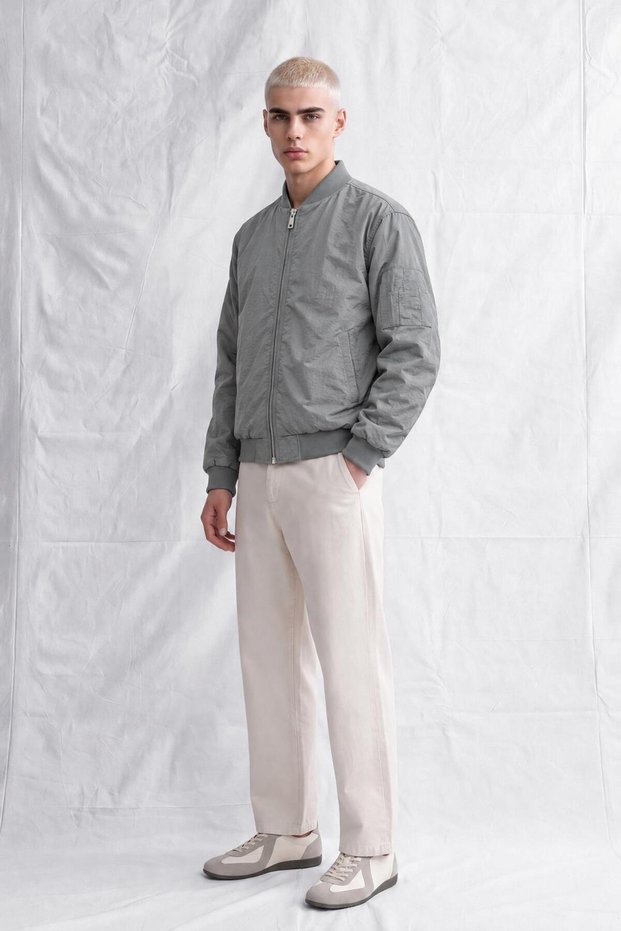 Men's Gray College Collar Bomber Jacket with Pocket Detail on the Sleeves