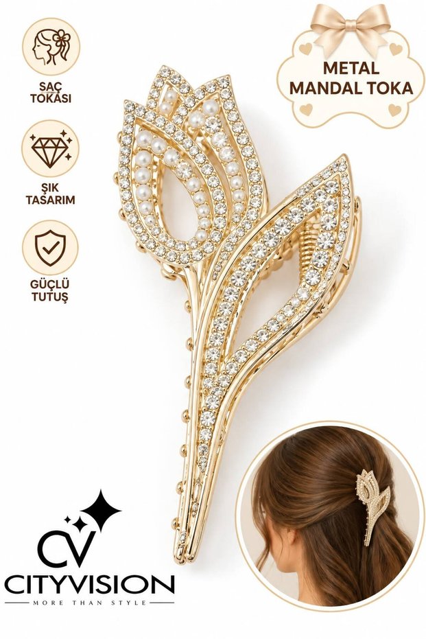 Metal Hair Clip with Stone Tulip Figure - Large Size - Stylish and Durable
