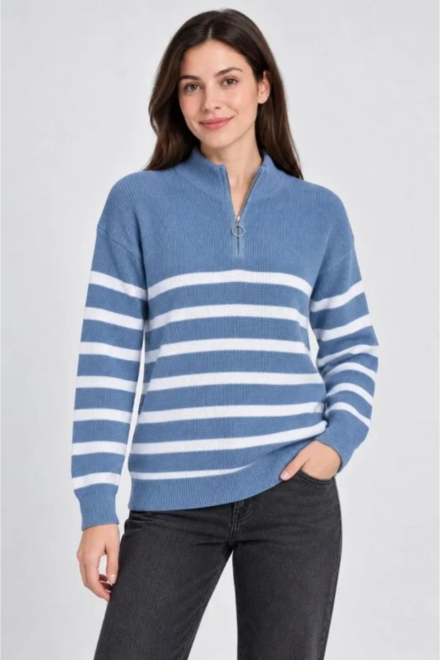 High neck half zippered striped thessaloniki knitwear sweater - blue