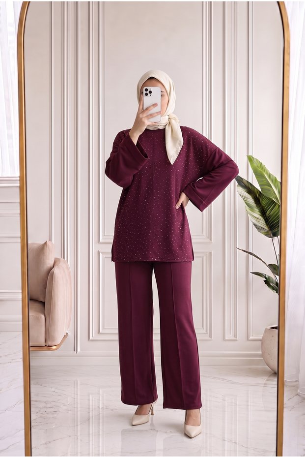 Fallon Tunic with Stone Detail Pants Set-Ma5888 Plum