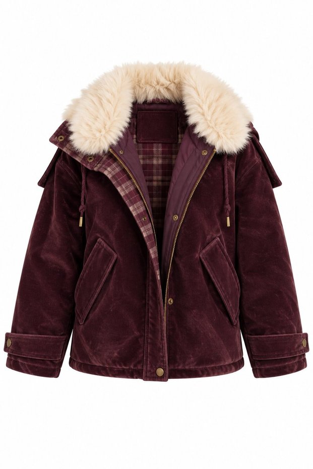 Plum Hooded Zipper Coat - 555