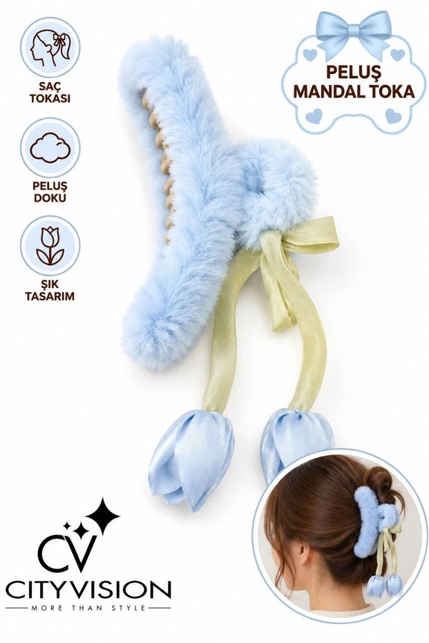 Plush Blue Color Tulip Figured Hair Clip