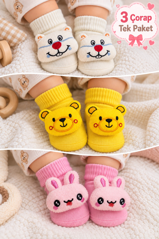 0-6 Months Figured Cotton 3-Piece Baby Girl and Boy Socks Set 396