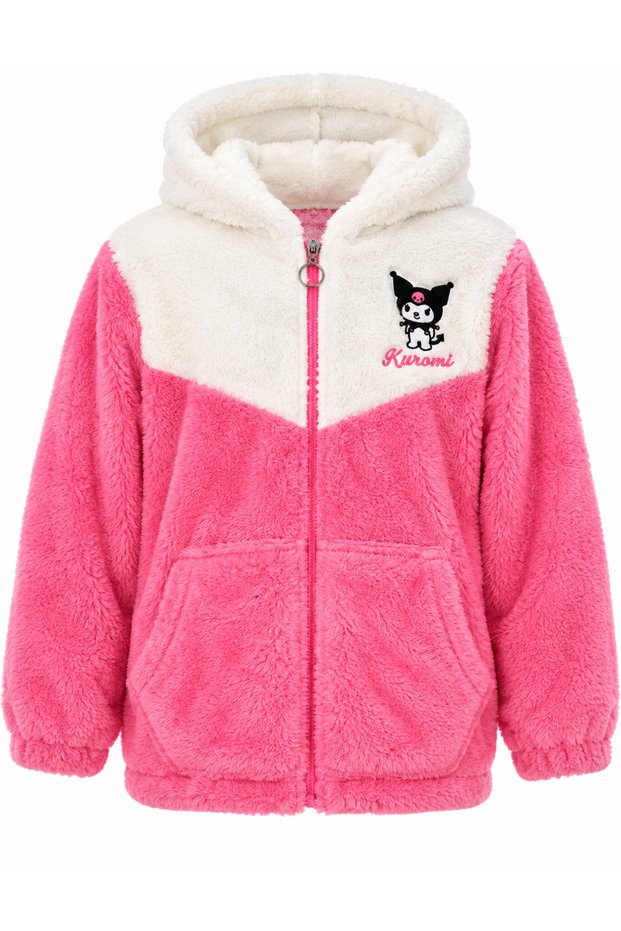 Girl's Pink Ecru Kuromi Printed Plush Cardigan with Hood and Zipper, Kangaroo Pocket, Ages 8-13