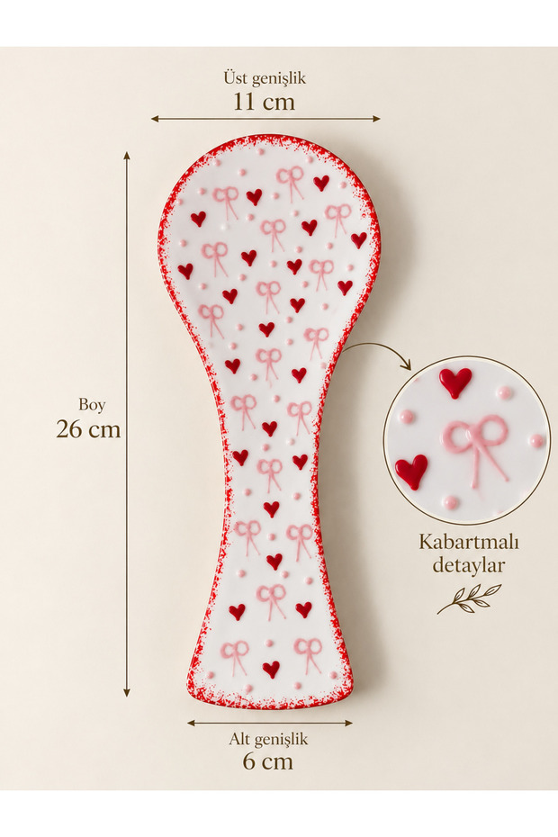 Handmade Ceramic with Heart and Ribbon Pattern, Embossed Large Size Spoon Holder