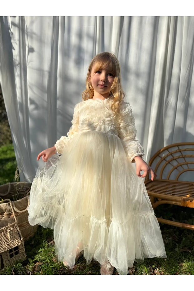 Girl's Long Rose Detailed Back Bow Tulle Dress