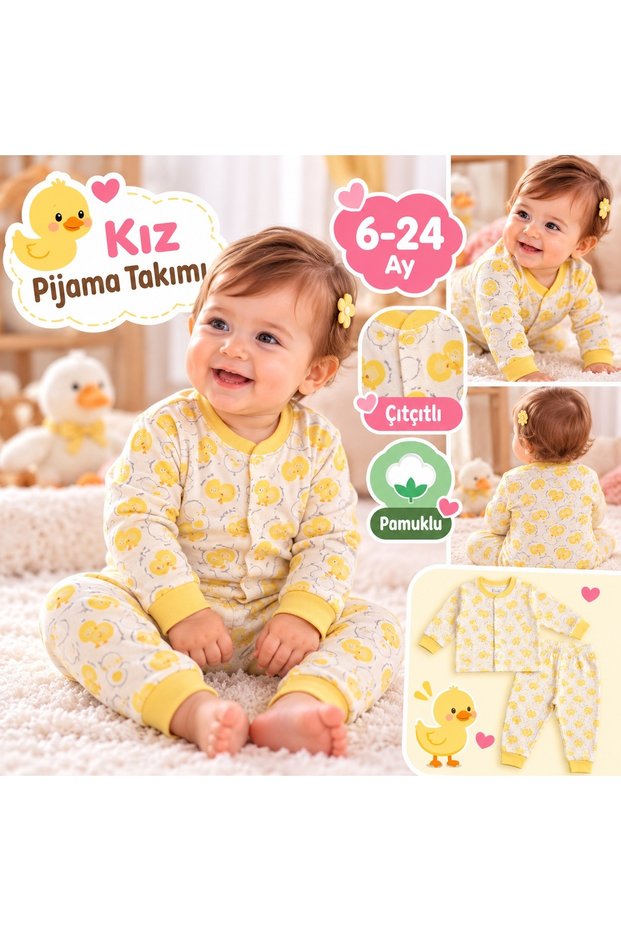 Cotton Snap Fastener Girls' Newborn Baby Elastic Waist Long Sleeve Top and Bottom Pajama Set 6-24 Months
