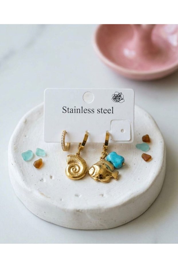 3-Piece Fish Snail Shell Detailed Steel Set Earrings
