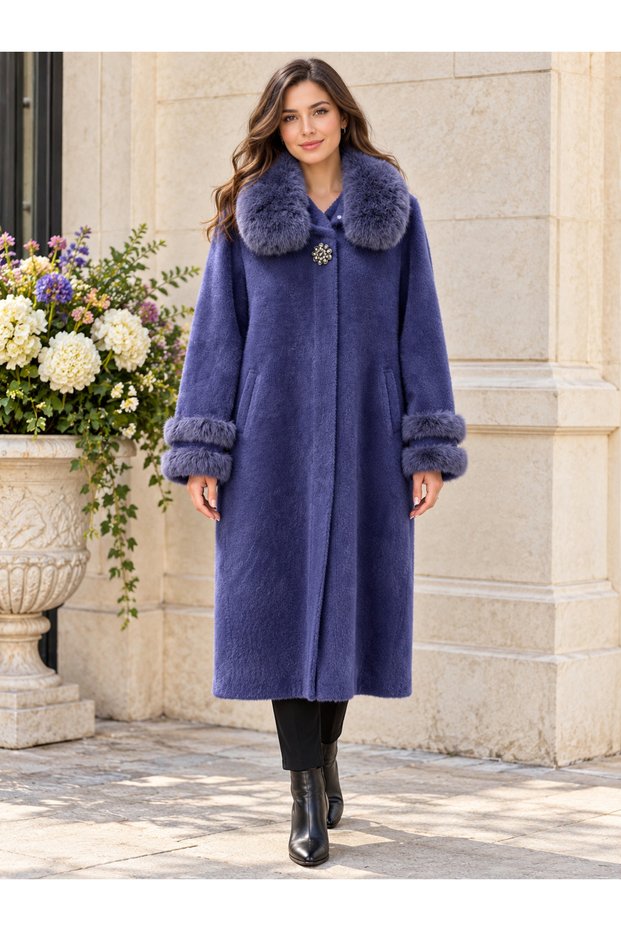 Women's Fur Cashmere Angora Fabric Long Coat with Brooch Detail 42-48