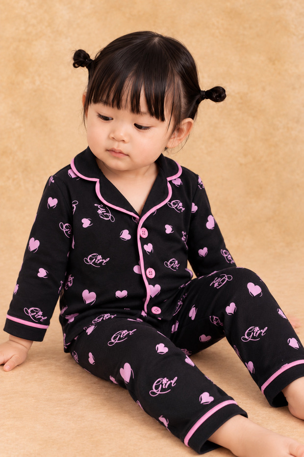 Baby Girl Black Pink Heart Patterned Front Buttoned Pajama Set