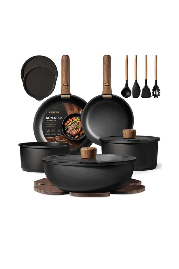 19-Piece Nonstick Cookware Set with Detachable Handle, Black