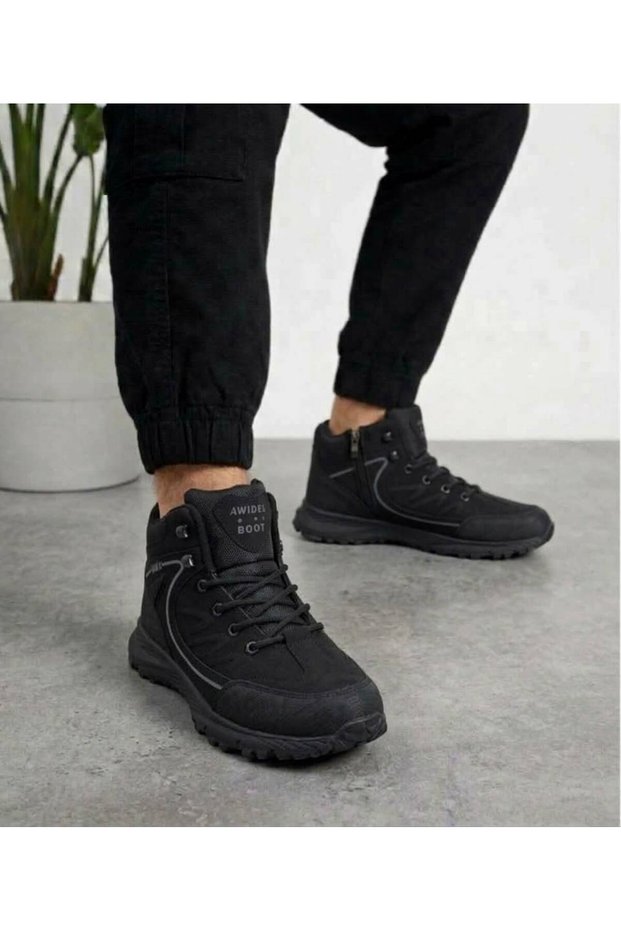 Men's Black Lace-Up Zippered Fur Lined Water Cold Resistant Outdoor Trekking Casual Boots