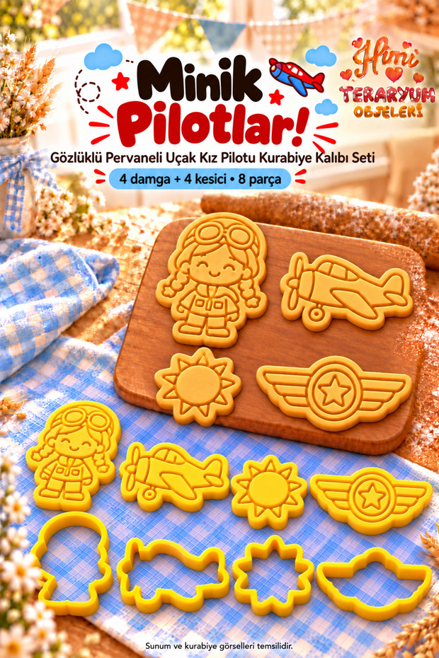 Glasses-Wearing Propeller Plane Girl Pilot Cookie Mold Stamp Cutter Set Sun-Winged Pilot Badge Birthday