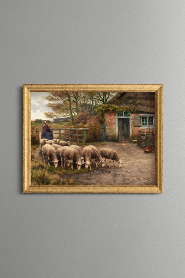 Sheep in Front of a Country House - Vintage Patterned Painting - Fine Model
