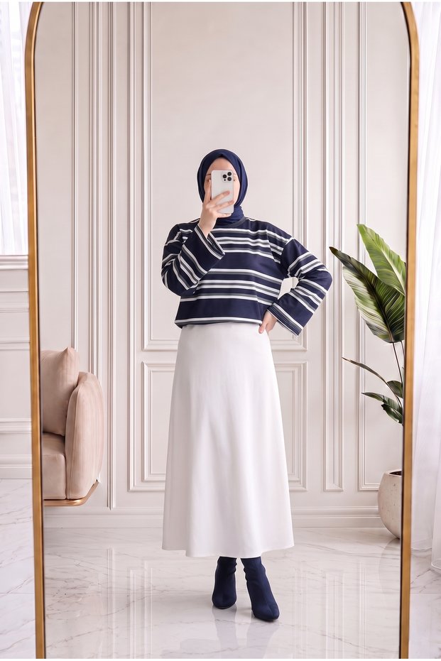 Ahusima Double Striped Short Tunic-Ss13272 Navy Blue