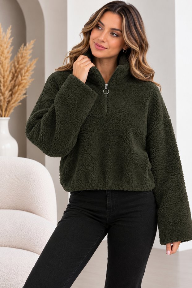 Women's Plush Fleece Sweatshirt with Half Zipper, High Collar, Cropped Winter Model