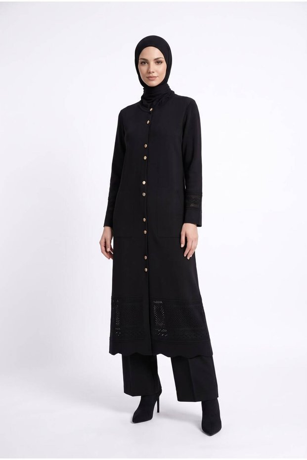 Trendy Embroidered Buttoned Cold Yarn Wide Fit Long Sweater Cardigan Dress
