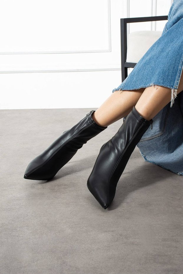 Black stretch leather women's heeled boots