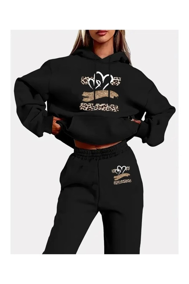 Unisex Black Printed Combed Cotton Tracksuit Set