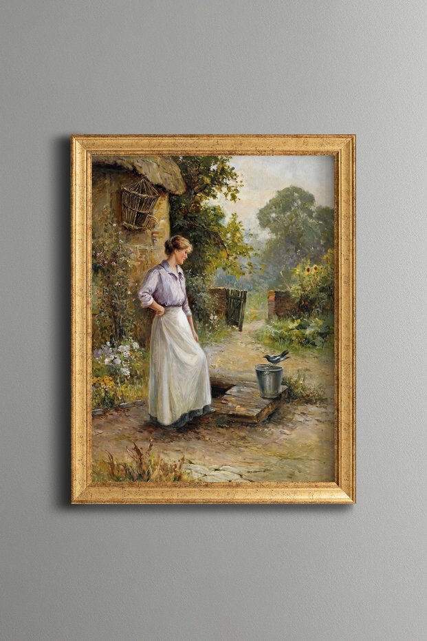 Woman in Front of a Country House - Vintage Patterned Painting - Fine Model