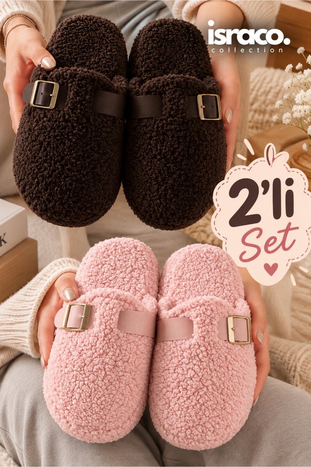 2-Piece Stylish Belted Women's Slippers Dowry Bundle Gift Home Slippers Bitter Brown - Pink