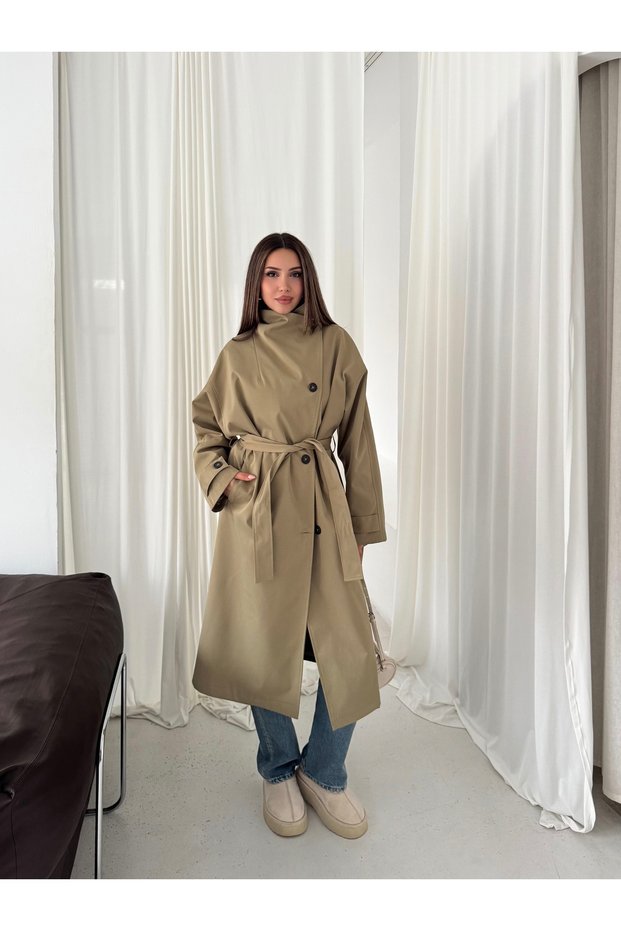 Women's Stand Collar Belted Waist Tie Buttoned Oversize Seasonal Long Trench Coat
