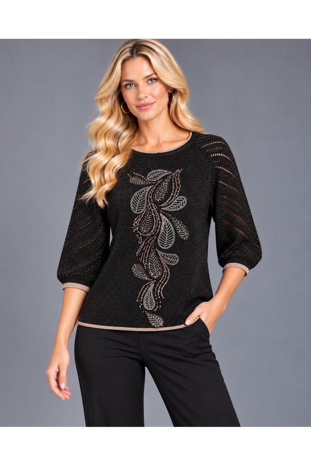 Silvery Stone Embroidered Openwork Sleeve Women's Knitwear Blouse Standard Size