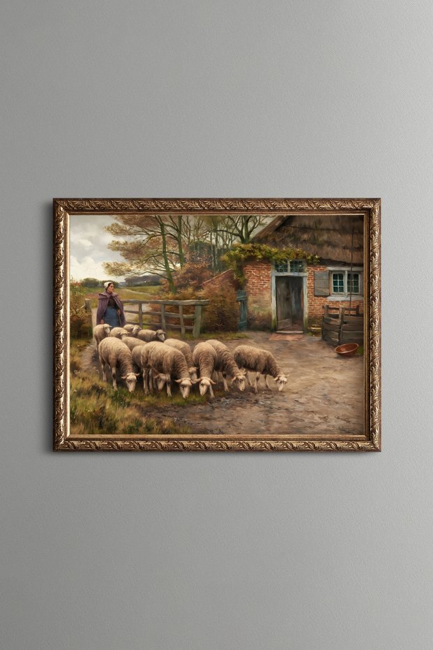 Sheep in Front of a Country House - Vintage Patterned Painting - Fine Model