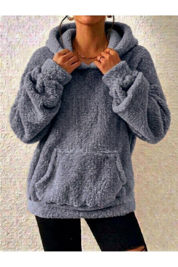 Plush Fabric Hooded Kangru Sweatshirt with Pockets and Cuffs