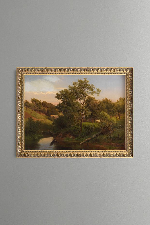 Farmhouse and Shepherd on the River Plain - Vintage Patterned Painting - Fine Model