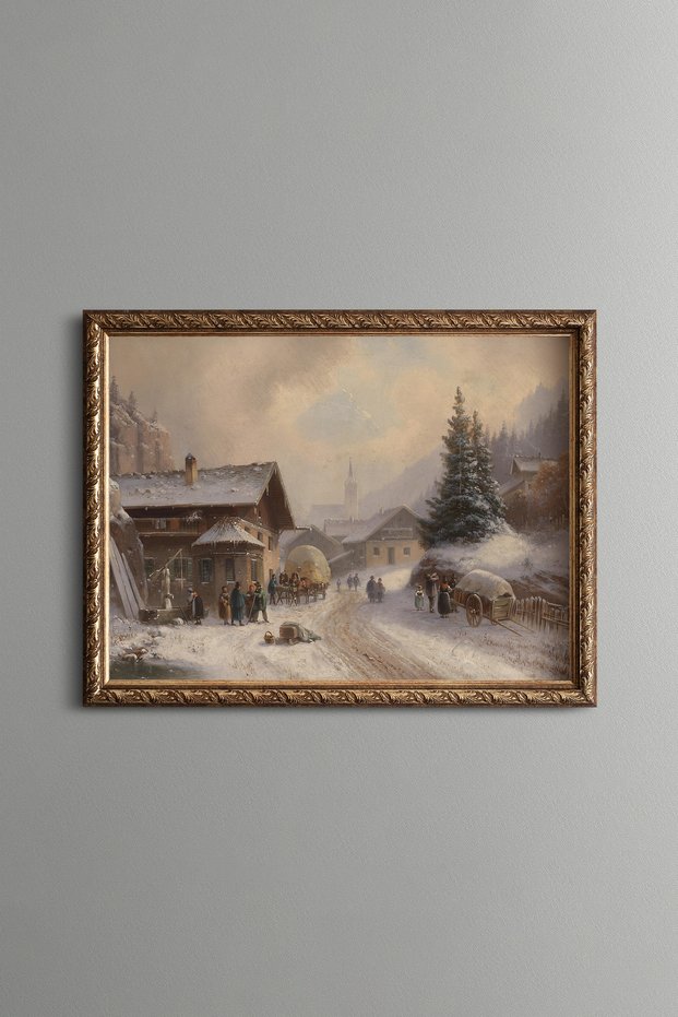 Village Street in Winter - Vintage Patterned Painting - Fine Model
