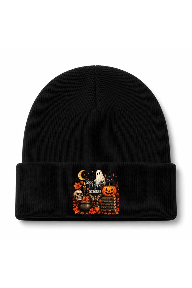 Good Things Are in October - Vintage Halloween Black Cat Pumpkin Graphic Beanie