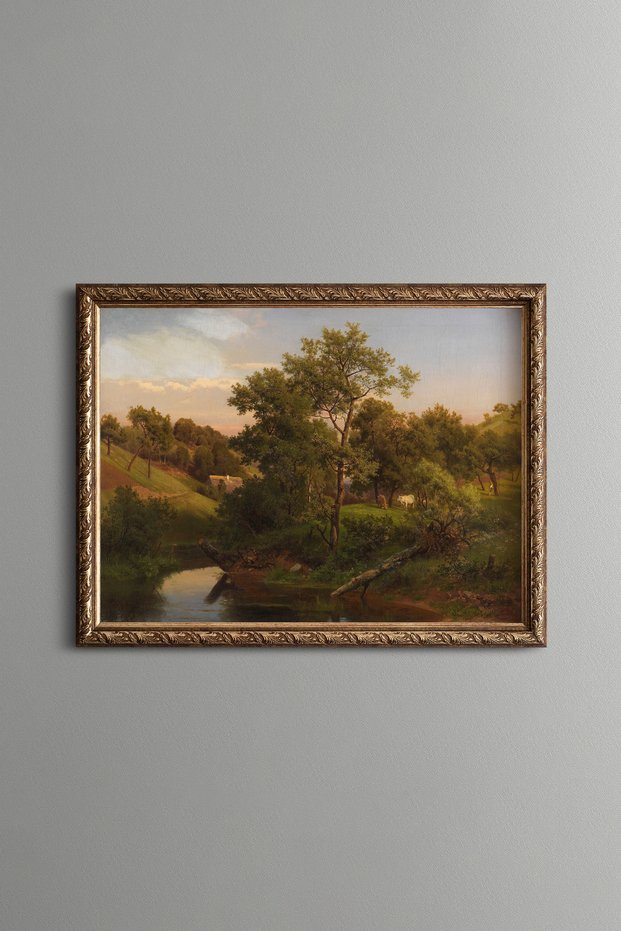 Farmhouse and Shepherd on the River Plain - Vintage Patterned Painting - Fine Model