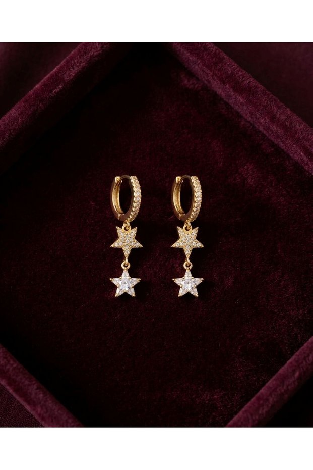 Zircon Stone Dangle Star Detailed Steel Earrings