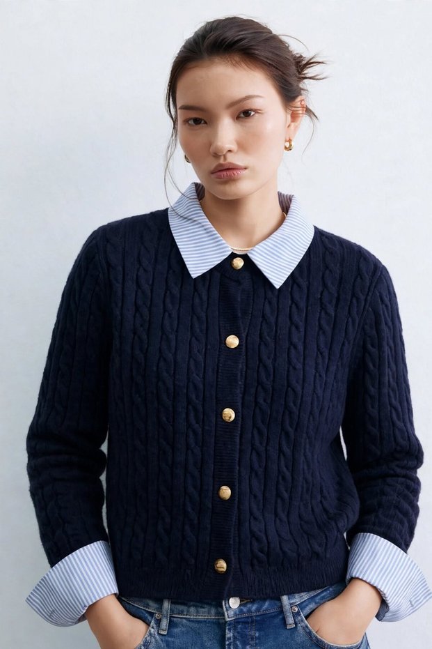 Women's Shirt-Trimmed Knitwear Cardigan - Navy Blue