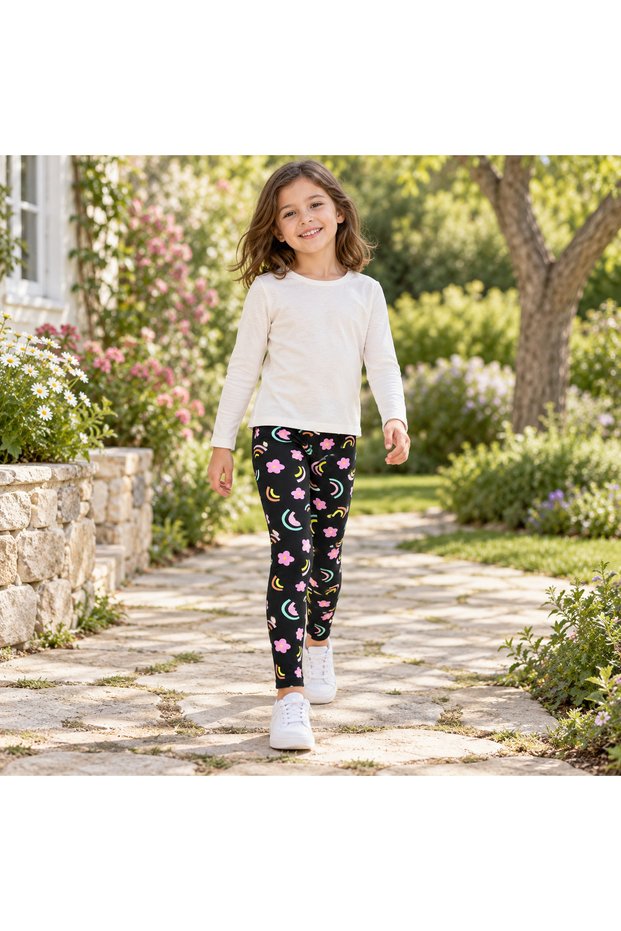 Girl's Black Rainbow and Flower Patterned Combed Cotton Tights | Stretchy 95% Cotton Leggings