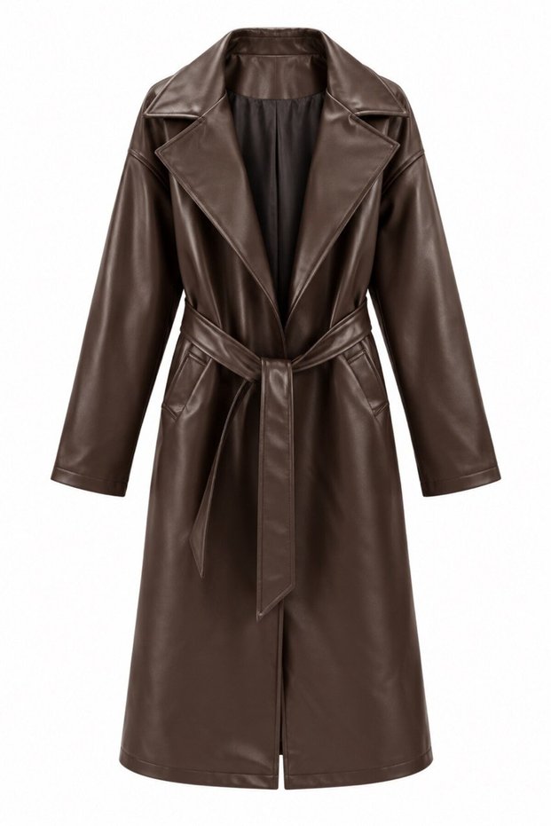New Season Women's Premium Belted Leather Trench Coat