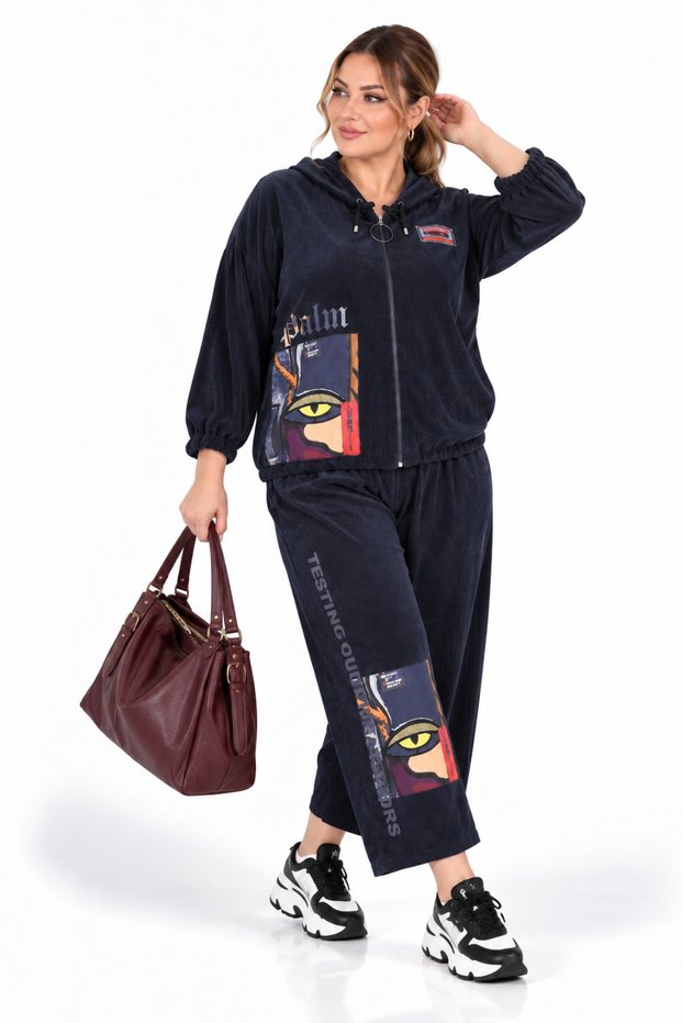 Plus Size Women's Picasso Patterned Eye Appliqué Bead Embroidered Hooded Zippered Cotton Twill Woven 50-52 Size Bottom Top Set