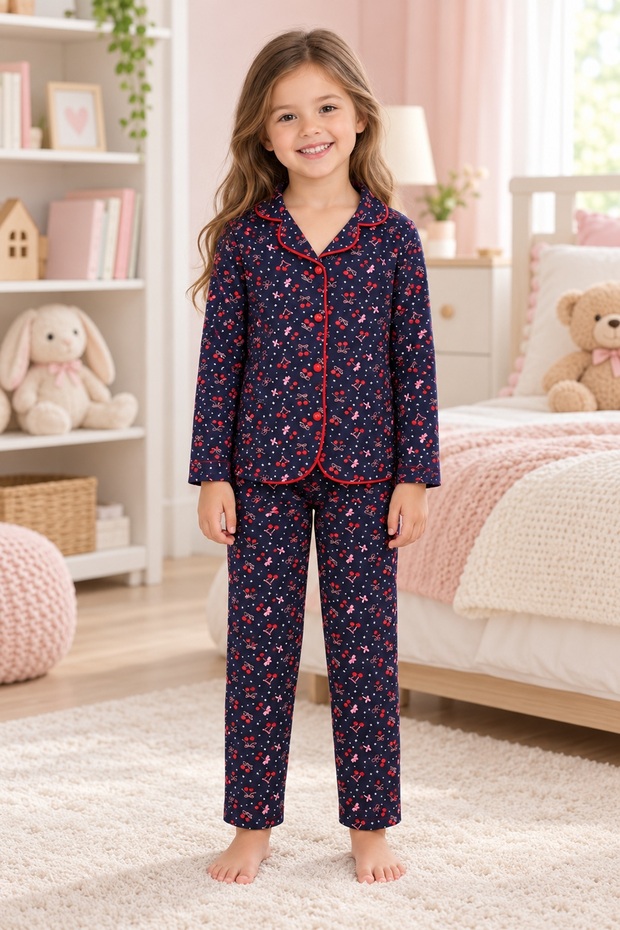 Girl's Pajama Set, 100% Cotton, 30/1 Combed Single Jersey, Front Buttoned, Long Sleeve, Navy Blue & Red Piping