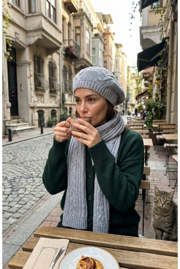 Women's Resam Beret Scarf Set of 2 Knitted Patterned Soft Textured Winter Wear