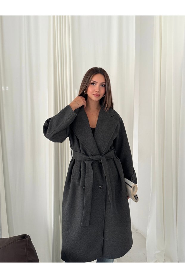 Women's Double-Breasted Collar Belted Waist Tie Buttoned Oversize Winter Long Cashmere Coat
