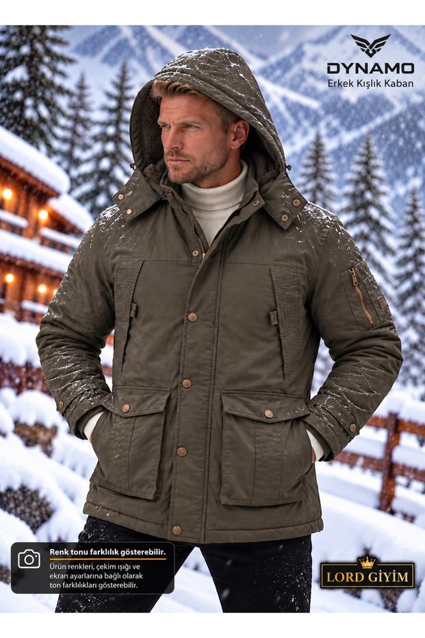 Men's Khaki Color Waterproof Thick Coat with Fur Inside